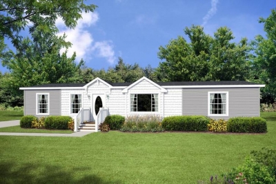 A photo of the front of a white and gray three bedroom double-wide manufactured home.