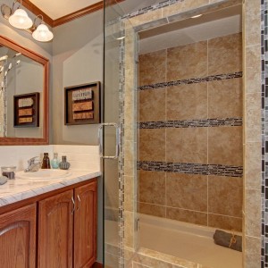 Photo of manufactured home bathroom with vanity and shower