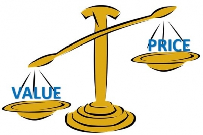 A cartoon style drawing of a balance scale with the works price and value on each plate.