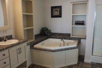 A photo of a large master bathroom in a modular home.