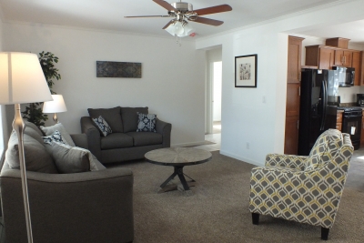 A photo of a living room interior of a manufactured home sold by Fecteau Homes.