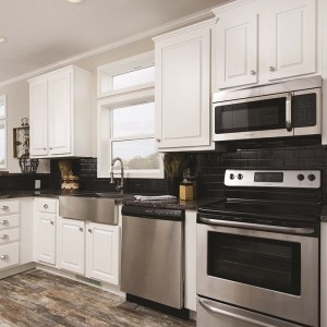Modular and manufactured home kitchen appliances with white cabinets