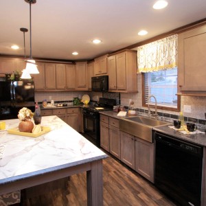 Modular and manufactured home kitchen cabinets with island and wood cabinets