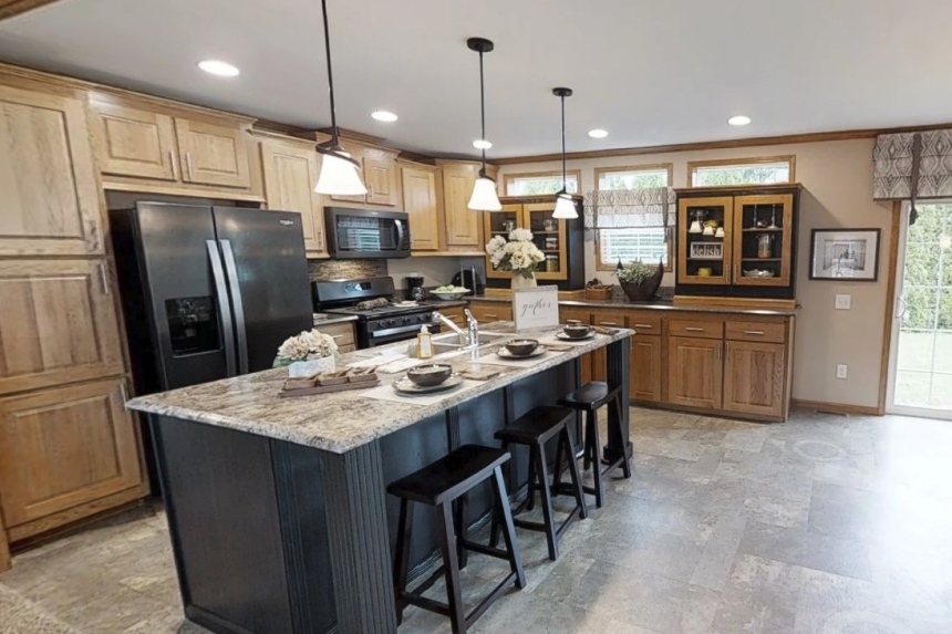 Modular home ranch 52J738-JM kitchen Photo Of Modular Home Ranch 52J738-Jm Kitchen Looking Towards Glass Doors