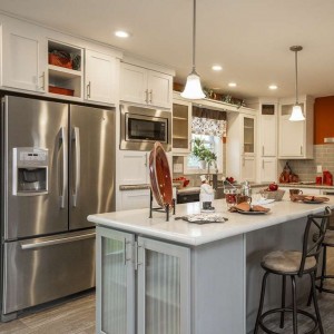 Modular and manufactured home kitchen with refrigerator and island