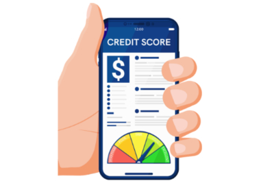 Hand holding a smartphone showing a “Credit Score” screen with a report layout and a color-coded gauge from very poor to excellent.