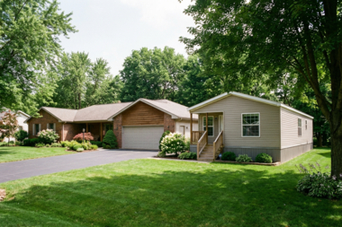 Accessory dwelling unit illustration showing a main house with an adjacent double-wide manufactured home on the same lot, with a driveway, grass, shrubs, and a light sky background